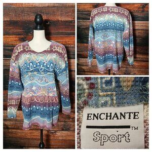 Enchante Sport Top Size M Vintage 80s Oversized Thermal Glitter Art Made in USA